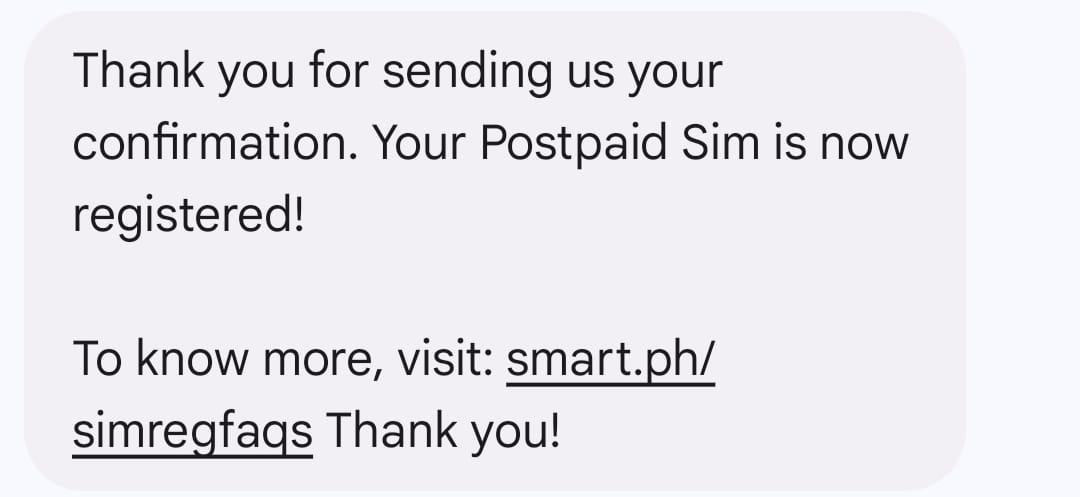 Postpaid sim registration confermation message