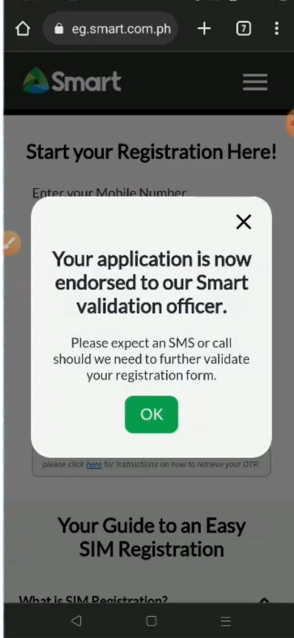 If your registration is still in process, you will see a message that says "Your application is now endorsed to our Smart validation officer." You can see an example of this in the image below.